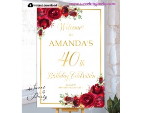 Red Roses 40th Birthday Party Welcome sign template,(16)